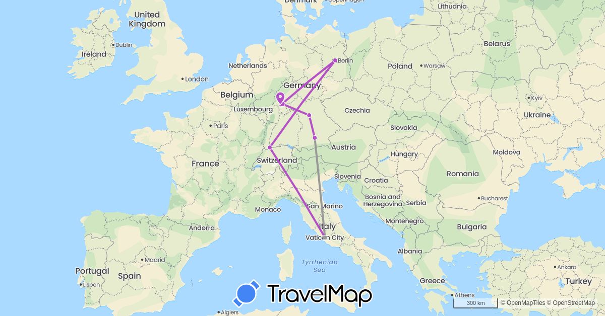 TravelMap itinerary: driving, plane, train in Switzerland, Germany, Italy (Europe)